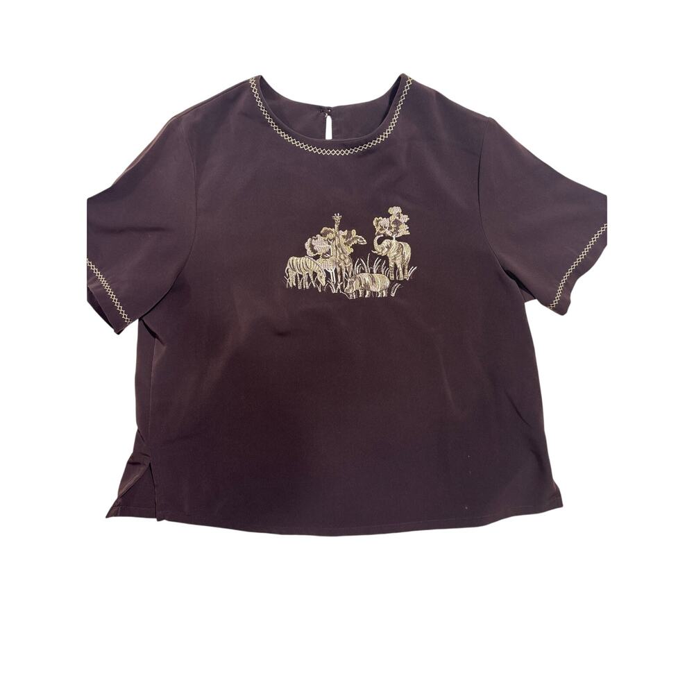 BonWorth Embroidered Safari Top Giraffe Zebra Elephant‎ Petite Medium Vintage - Picture 2 of 5